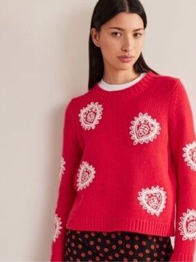 Boden Red Crewneck Sweater with White Heart Motifs Sz M
